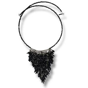 Vintage Deco Necklace Collar Cascade Black Bugle Beads Fringe Flex Wire Choker